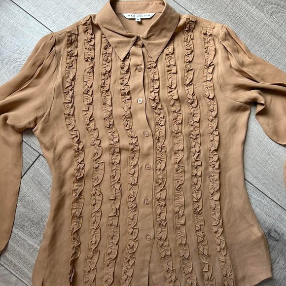 Max Studio Ruffle Front Button Down Blouse Tan - Size M - Picture 7 of 7